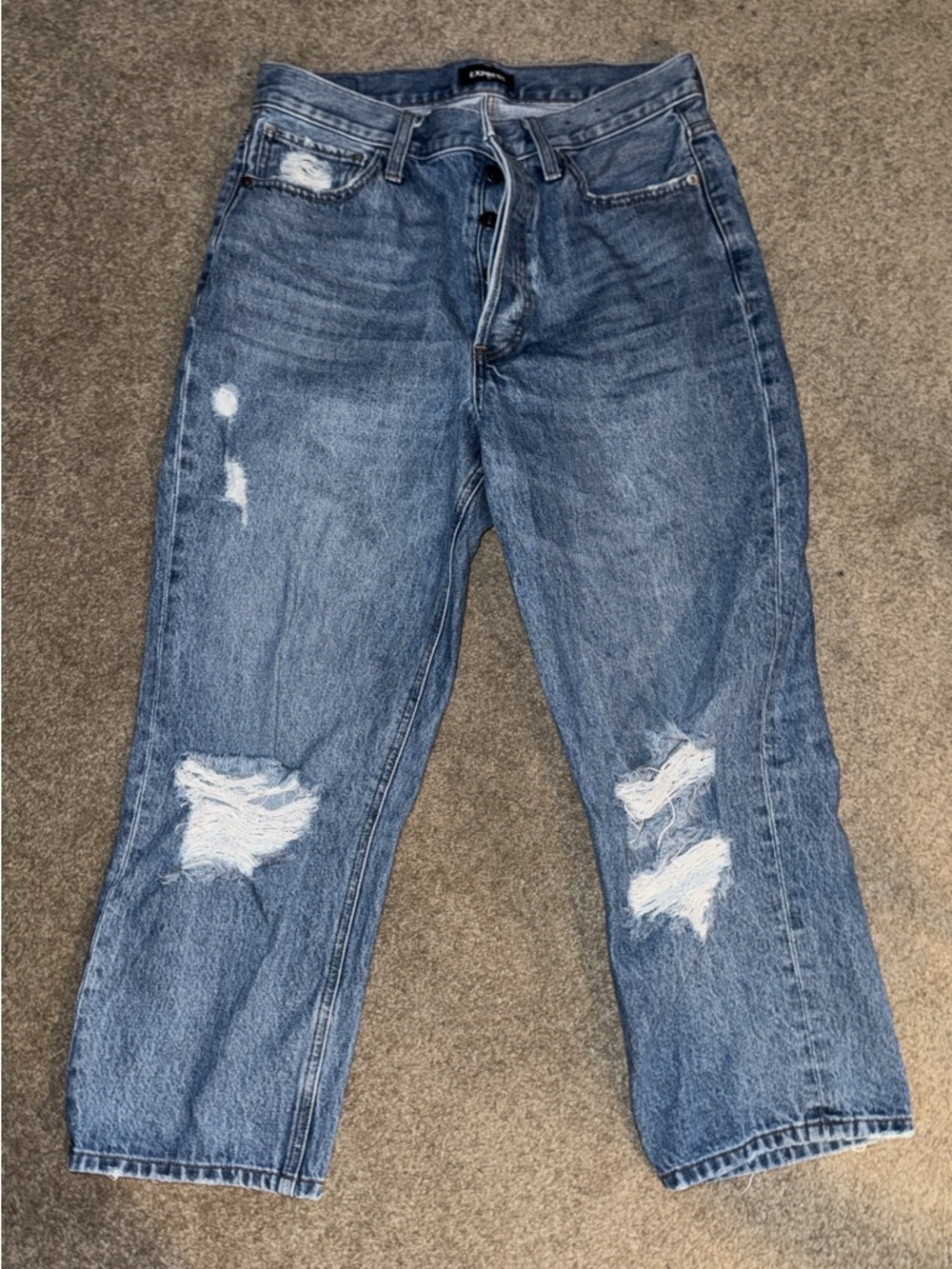 Express Distressed Straight Leg Jeans in Medium Blue